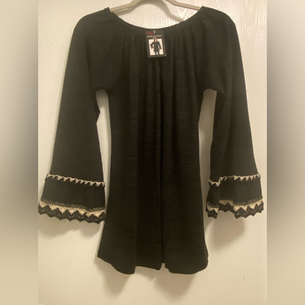 Black Bell Sleeve Dress with Lace Trim